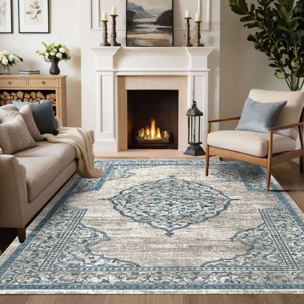 Brilliant Blue Washable Turkish Rug Non-Slip 200X290cm