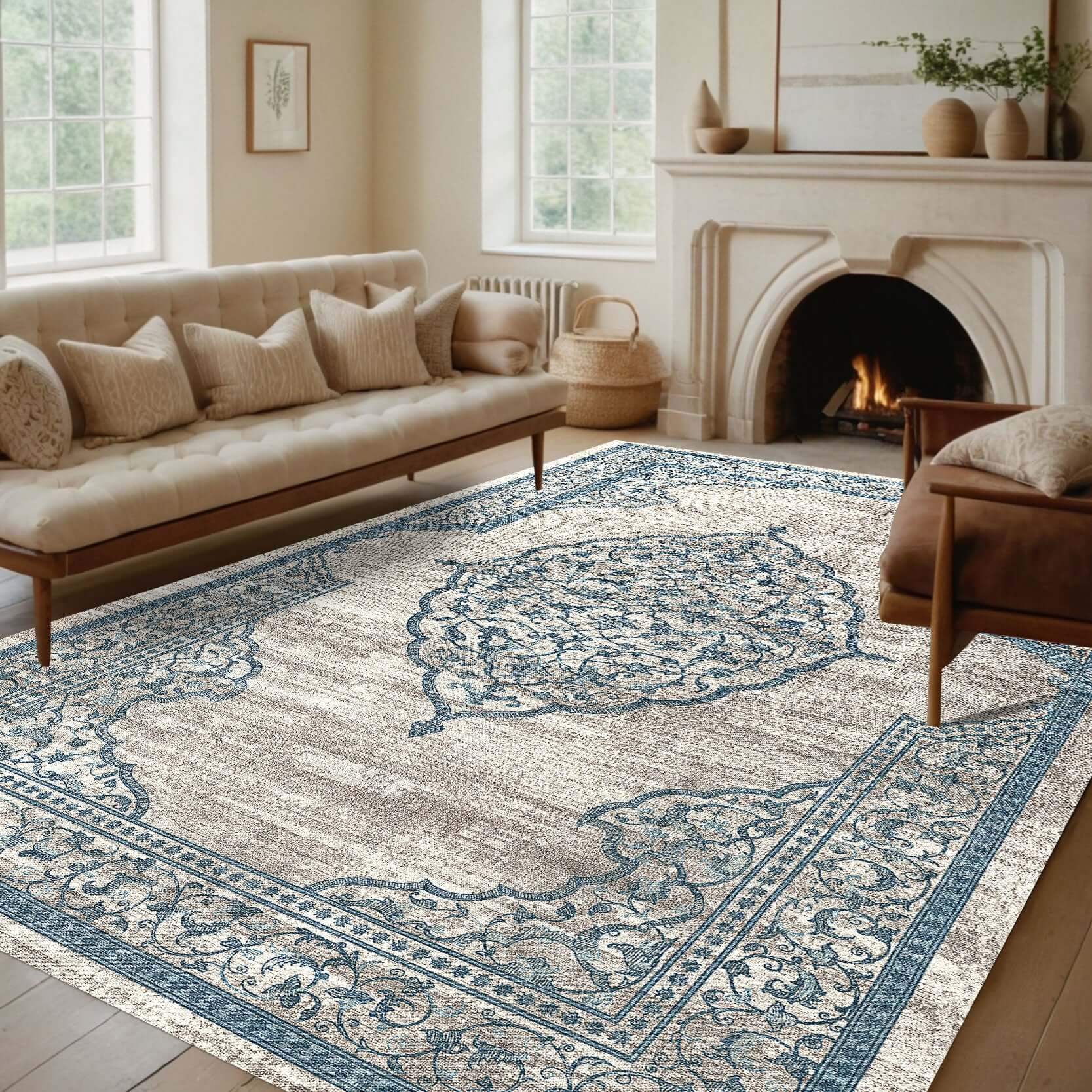 Brilliant Blue Washable Turkish Rug Non-Slip 200X290cm