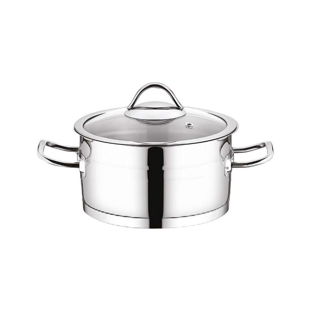 Stainless steel pot with lid on a white background