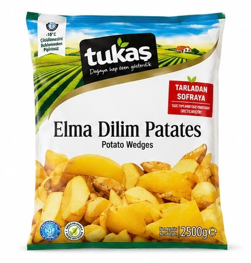 A 2500g bag of Tukas Elma Dilim Patates (Potato Wedges) against a plain white background. The packaging features a colorful design with a blue sky, green fields, and a clear window showing the golden-yellow potato wedges inside.