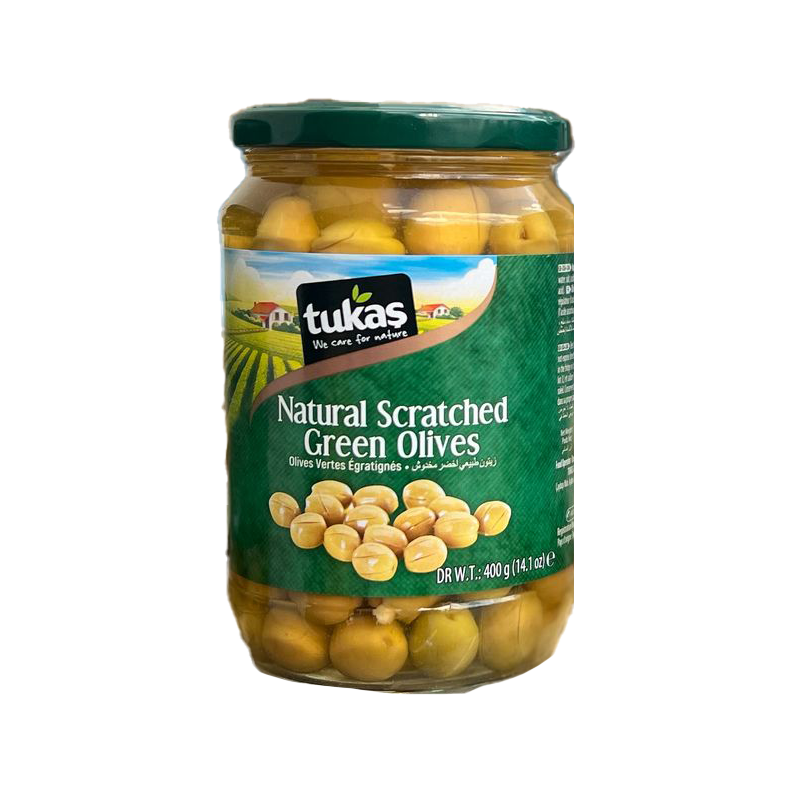 TUKAS SCRATCHED GREEN OLIVES 400 GR
