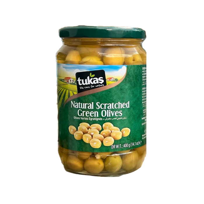 TUKAS SCRATCHED GREEN OLIVES 400 GR